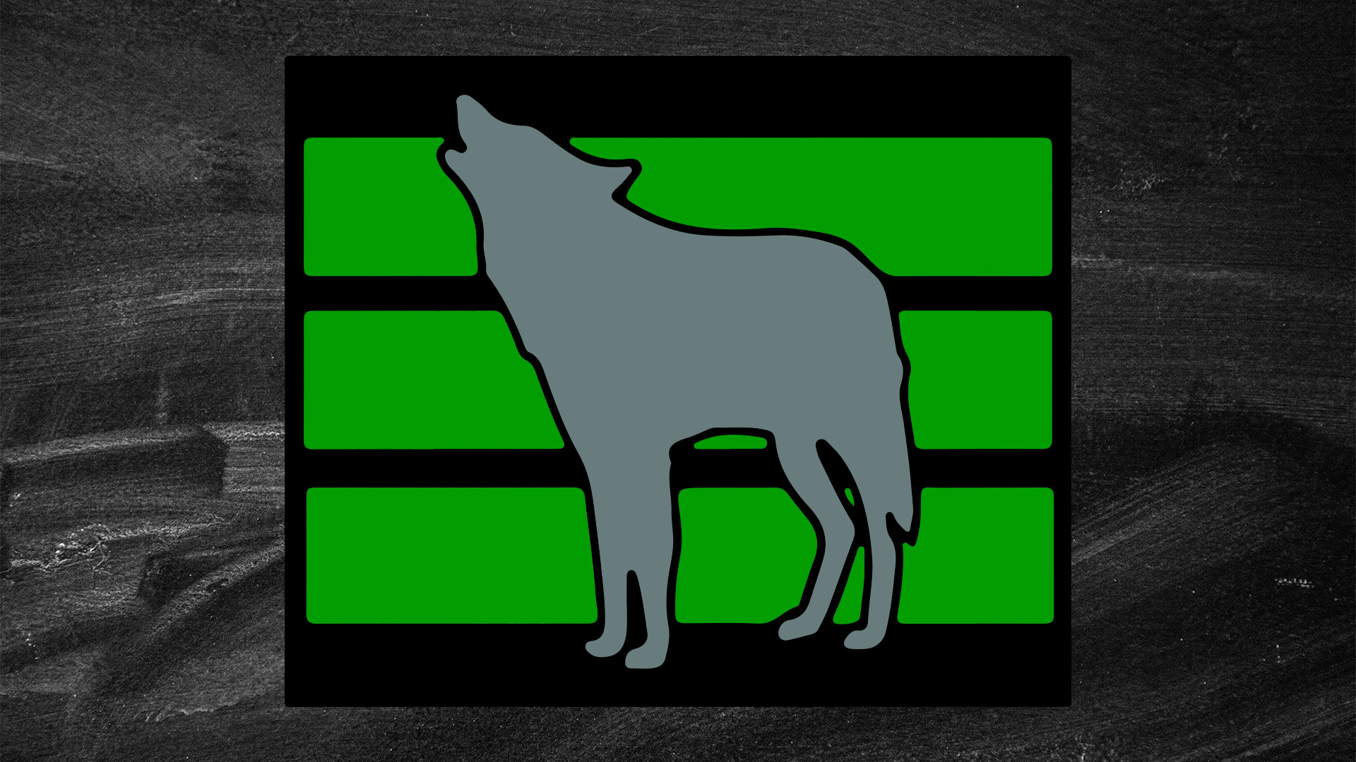 The Grey Wolf course logo, a drawing of a grey wolf in front of three green bars. 