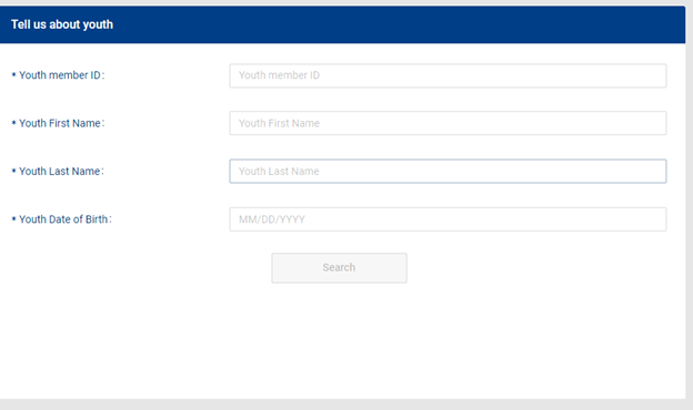 A fillable text screen that shows four fields. Youth member ID, Youth first name, Youth last name, and Youth date of birth