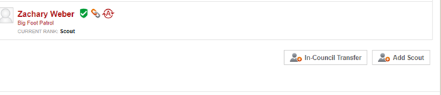 ScoutBook roster with profile for Zachary Weber of Big Foot Patrol. Below are two buttons in bottom right hand corner, one for in-council transfer and the other for add a Scout