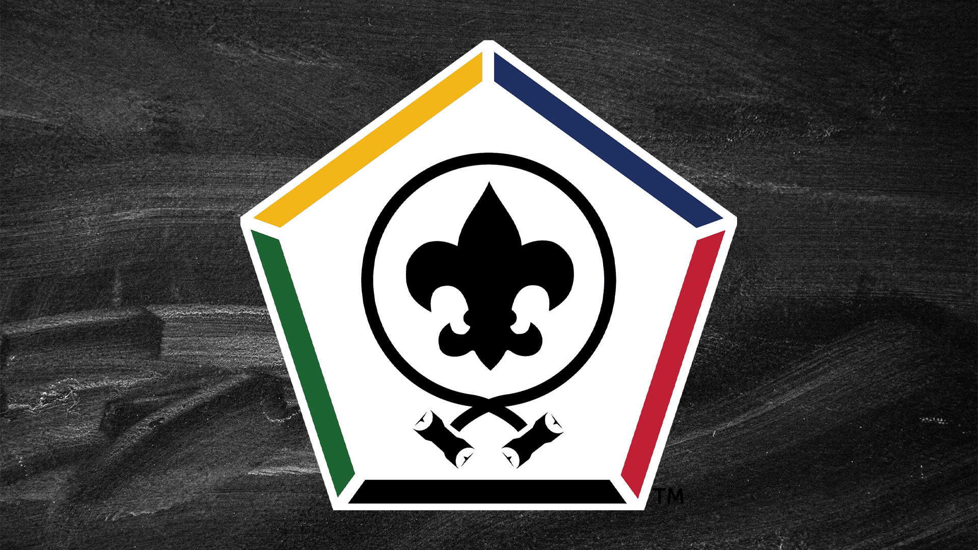 The Wood Badge logo, a Fleur de Lis in a pentagon with each side having a different color 